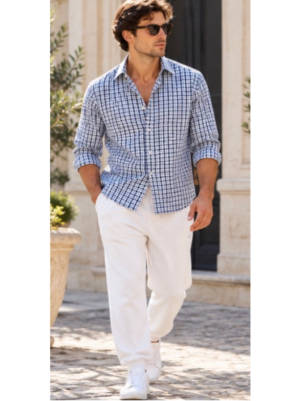 Men's Holland & Sherry Casual Button Down Shirt, Medium, Blue & White Check XL